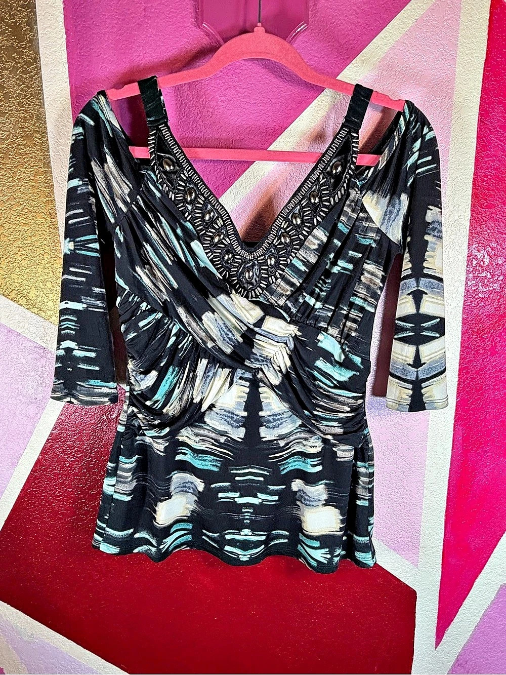 Y2K Venus Beaded Cold Shoulder Top Ruched Wrap Abstract Print Women's M